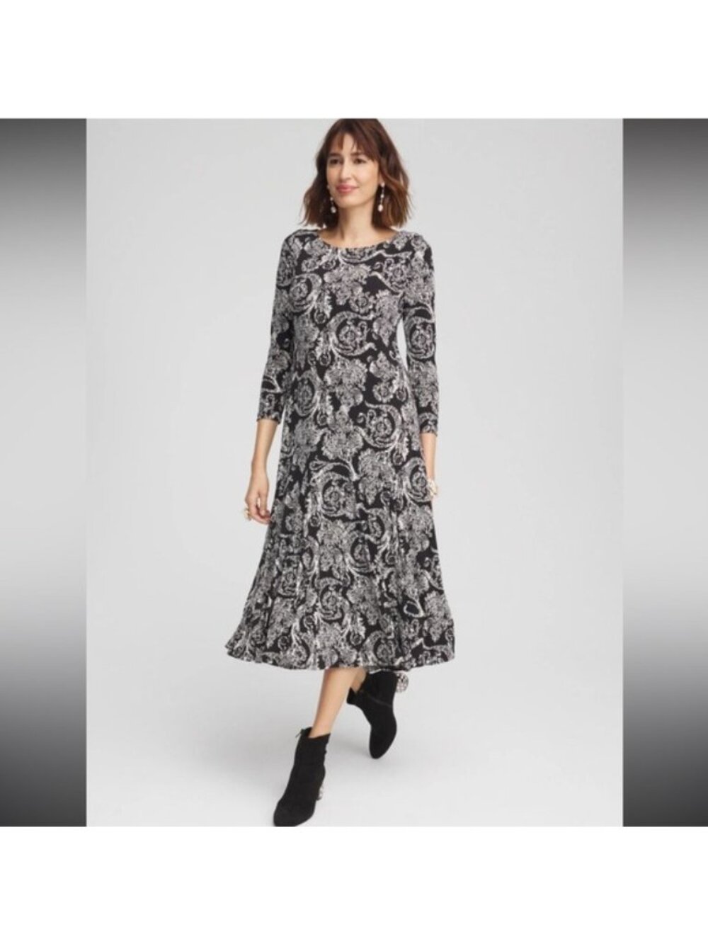 NEW Chico's Snake Print Ity Long-Sleeve Lightweight Cooling Midi Dress 00 Black